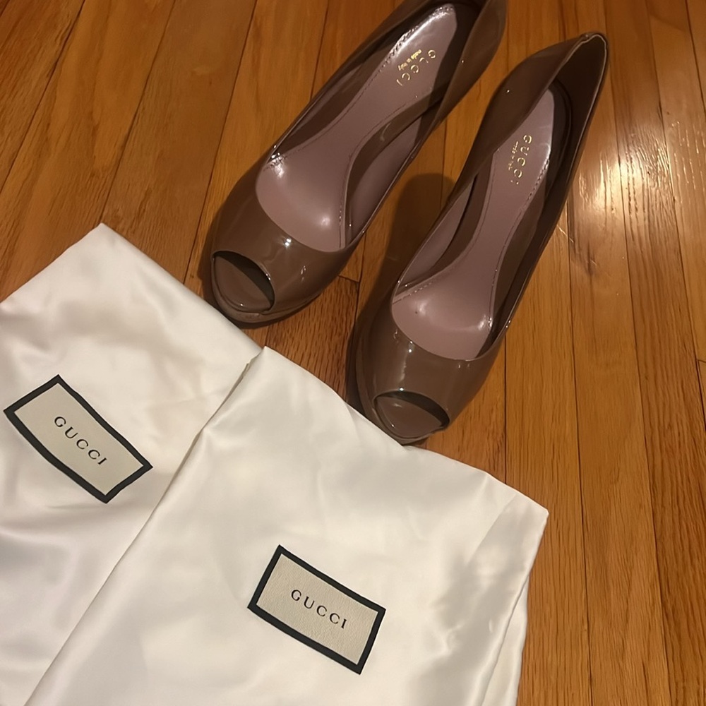 Gucci Brown Patent Leather Open-Toe Platforms
